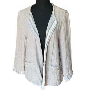 Tahari Linen Cotton Blend Light Beige Open Front Jacket Large Beachy Minimalist
